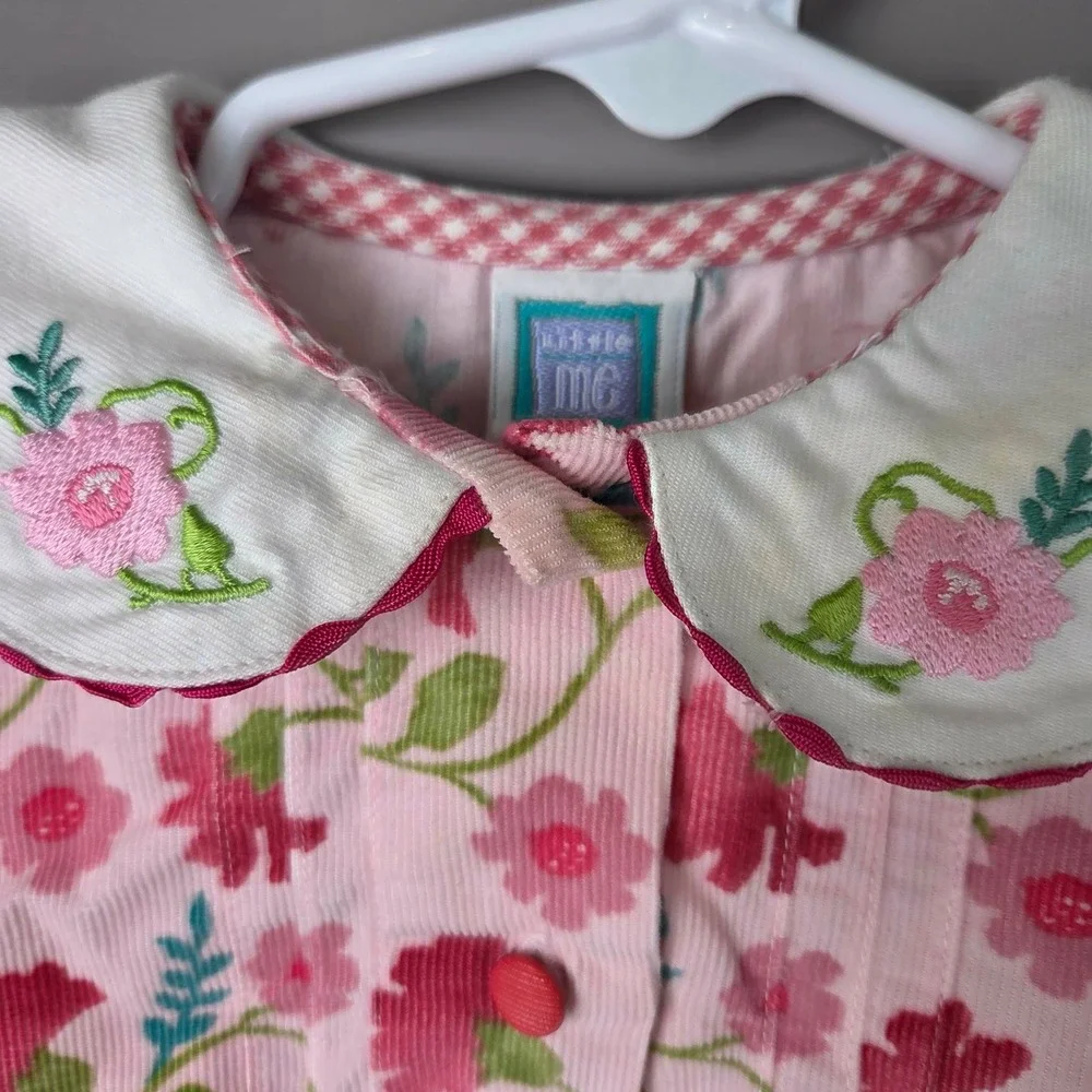 Little Me Vintage Pink Floral Corduroy Dress Peter Pan Collar Girls 18M Cotton